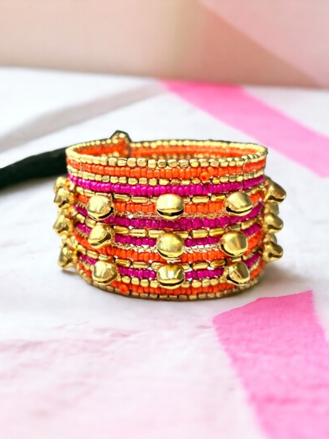 VIVAZS Shimmering Pink Orange and Golden Bangle with Ghungroo