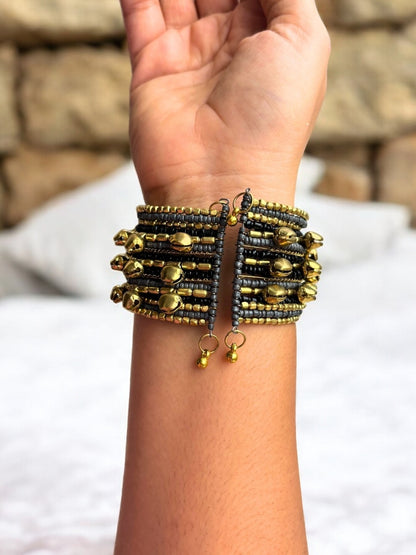 VIVAZS Shimmering Grey, Black and Golden Bangle set with Ghungroo