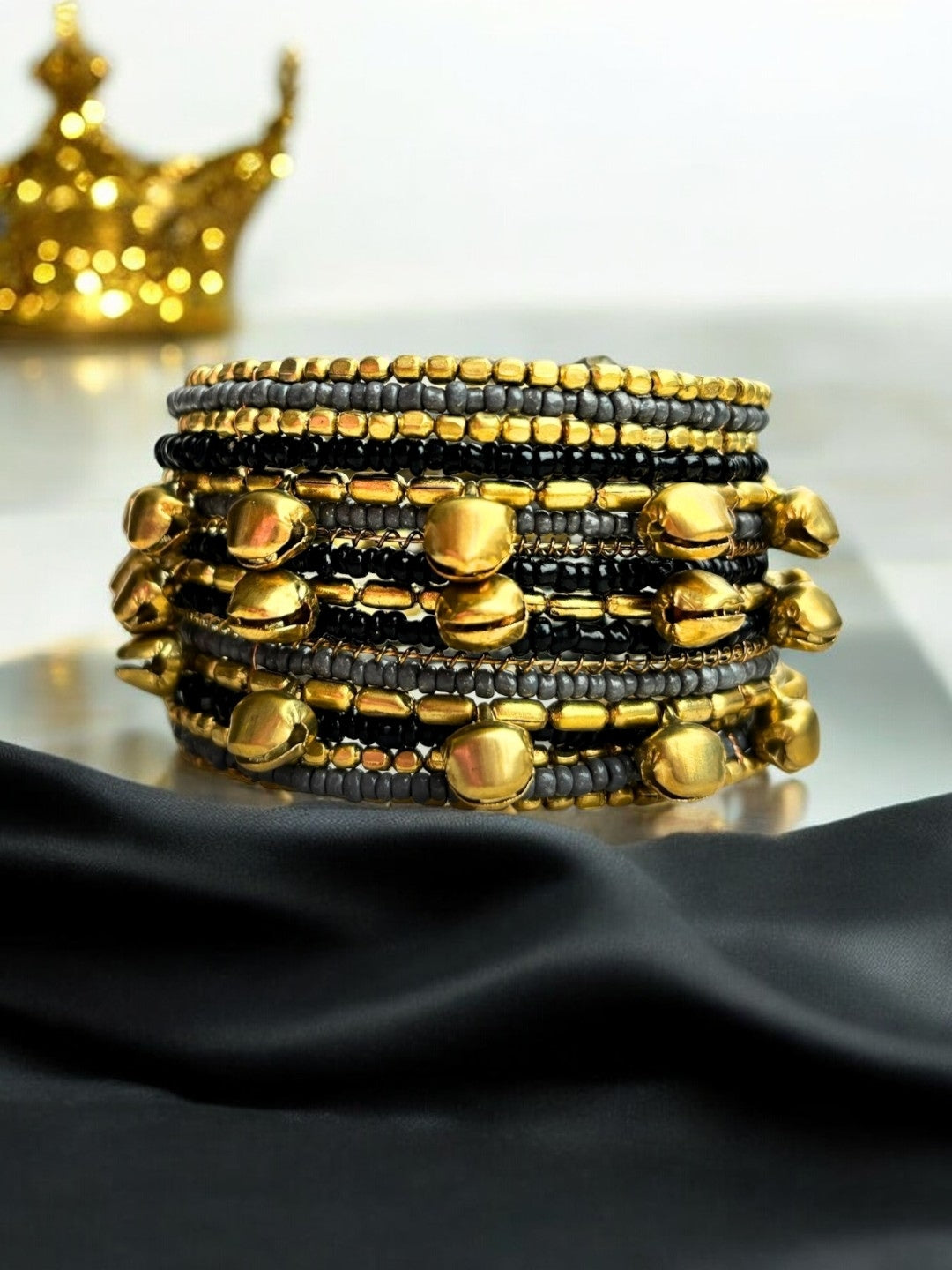 VIVAZS Shimmering Grey, Black and Golden Bangle set with Ghungroo