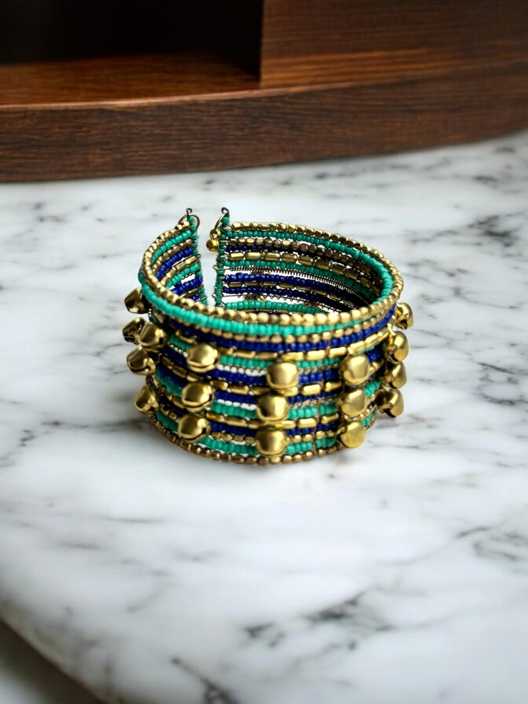 VIVAZS Shimmering Turquoise Blue and Golden Bangle with Ghungroo