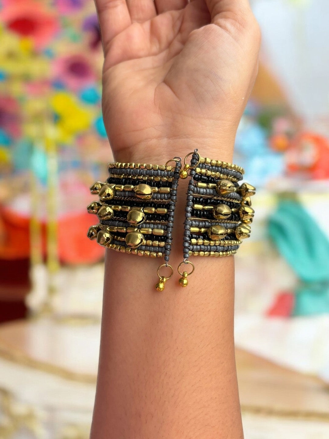 VIVAZS Shimmering Grey, Black and Golden Bangle set with Ghungroo