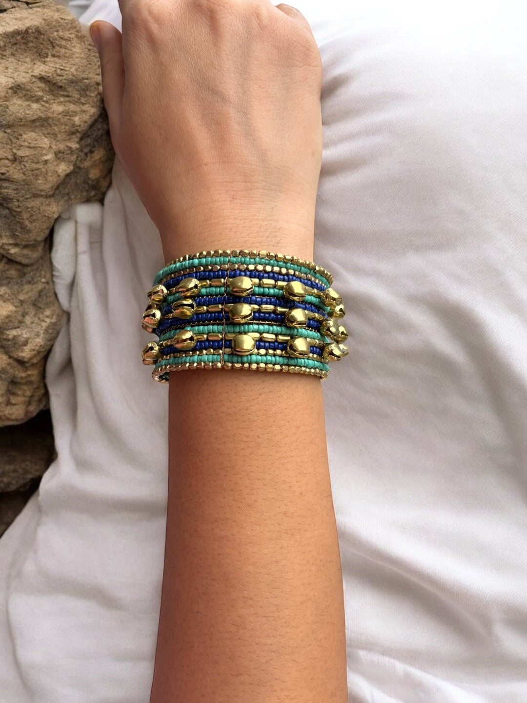 VIVAZS Shimmering Turquoise Blue and Golden Bangle with Ghungroo