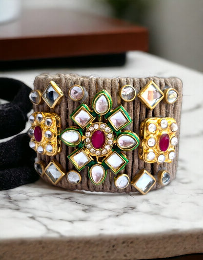 VIVAZS Golden and Red Kundan Adjustable Jute Bracelet