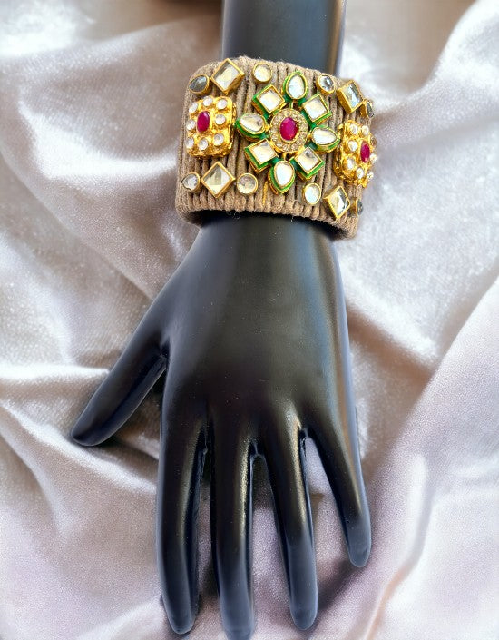 VIVAZS Golden and Red Kundan Adjustable Jute Bracelet