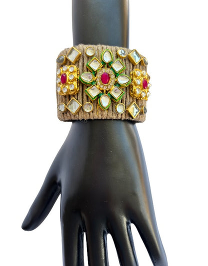 VIVAZS Golden and Red Kundan Adjustable Jute Bracelet