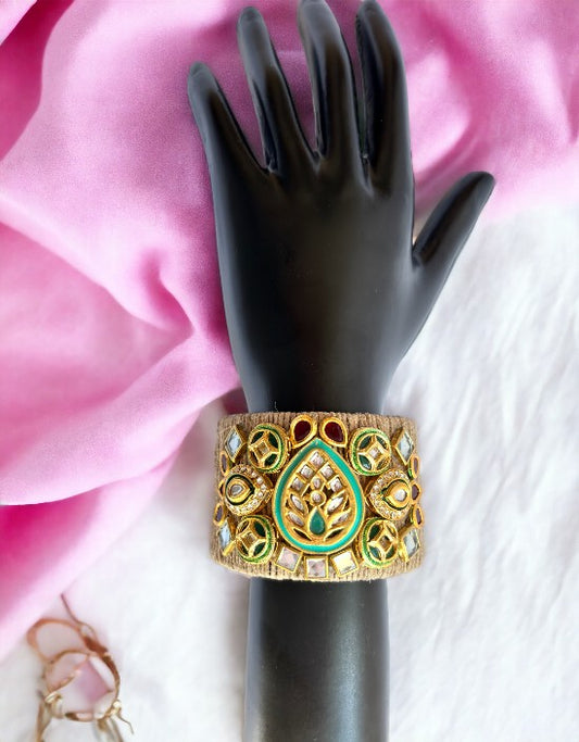 VIVAZS Golden and Green Kundan Adjustable Jute Bracelet