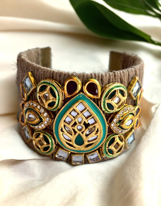 VIVAZS Golden and Green Kundan Adjustable Jute Bracelet