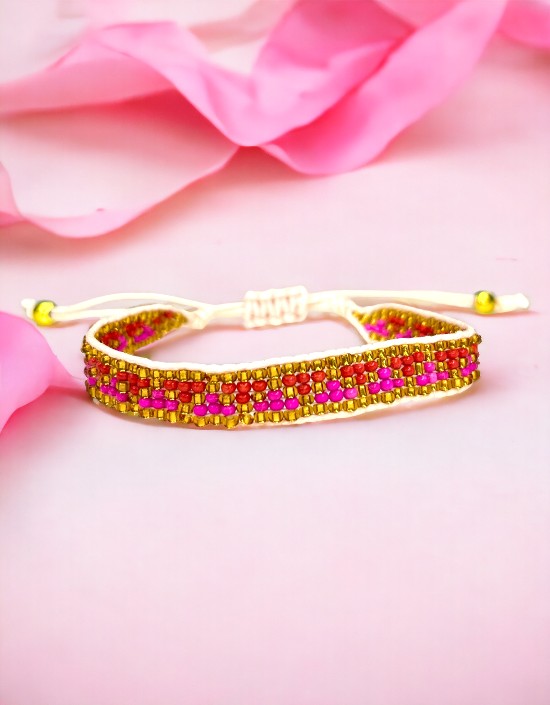 VIVAZS Seed Bead Love Bracelet - Dark Pink, Red and Golden