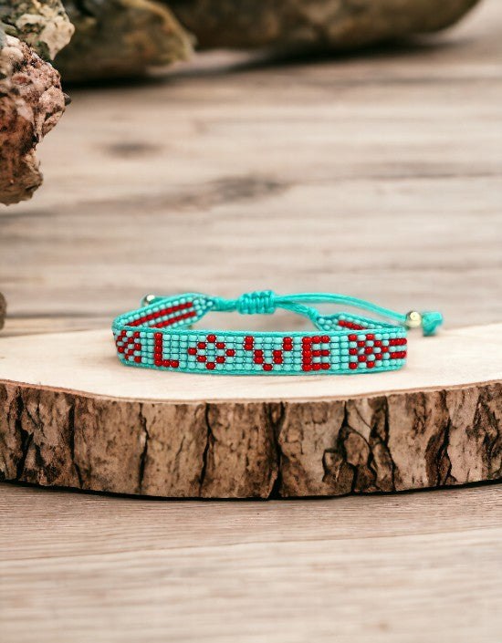 VIVAZS Seed Bead Love Bracelet - Turquoise and Red