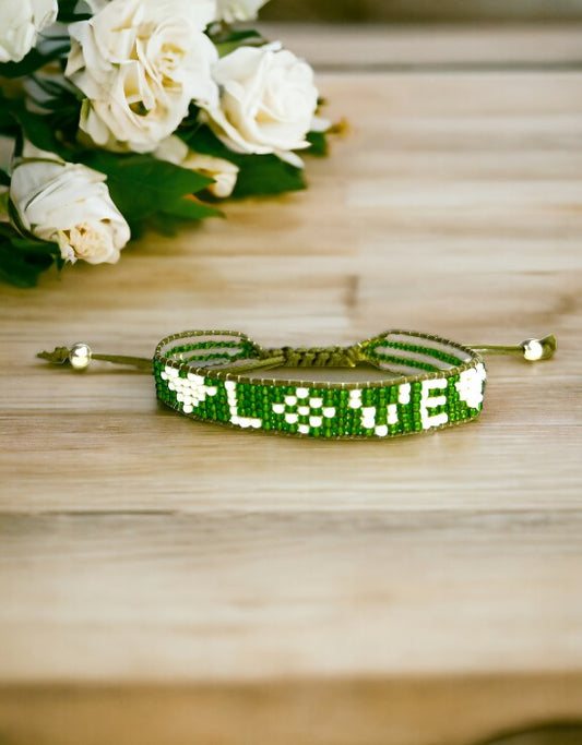 VIVAZS Seed Bead Love Bracelet - Green and White