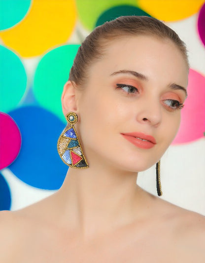 VIVAZS Quirky Handmade Multicolored Beaded Half Moon Embroidered Earrings