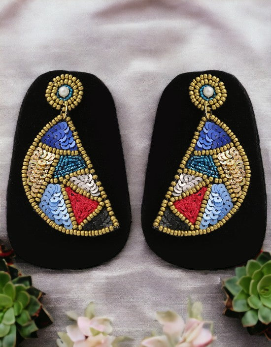 VIVAZS Quirky Handmade Multicolored Beaded Half Moon Embroidered Earrings