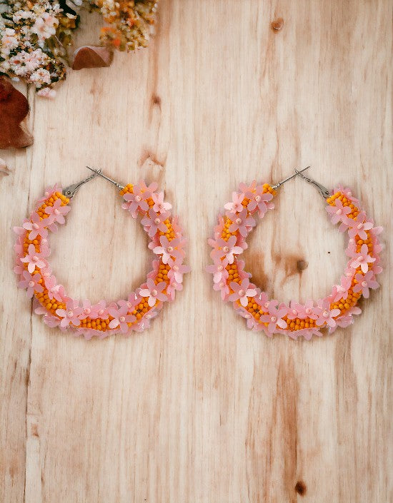 VIVAZS Pink and Orange Flowers Hoops - Statement Party Wear Beaded Handmade Hoop Earring For Women