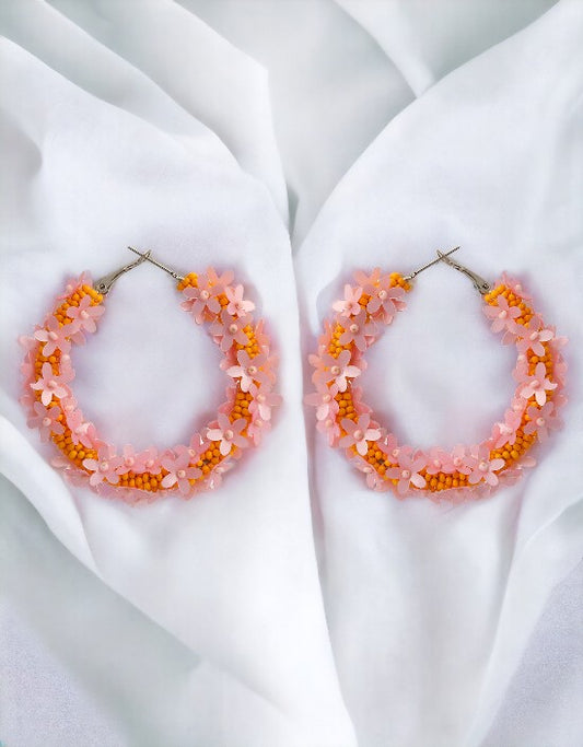 VIVAZS Pink and Orange Flowers Hoops - Statement Party Wear Beaded Handmade Hoop Earring For Women