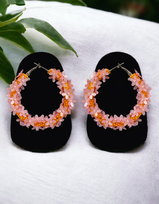 VIVAZS Pink and Orange Flowers Hoops - Statement Party Wear Beaded Handmade Hoop Earring For Women