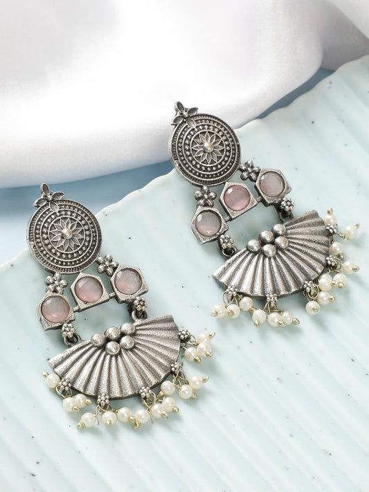 VIVAZS Silver-Plated Stone Studded Oxidised Pink Chandbalis Earrings