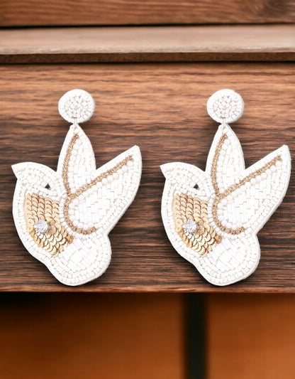 VIVAZS Bird Danglers- Quirky white Handmade Beaded Dangler Earrings