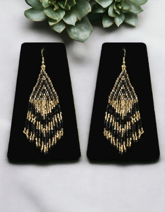 VIVAZS Golden Black Earrings – Handmade Beaded Danglers For Women