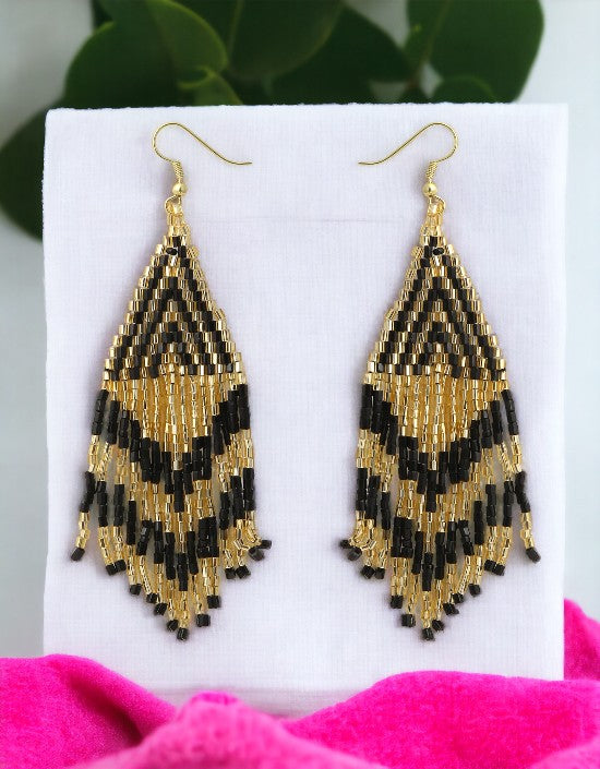 VIVAZS Golden Black Earrings – Handmade Beaded Danglers For Women