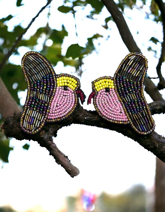 VIVAZS Pink Bird Handmade Beaded Earrings For Women & Girls