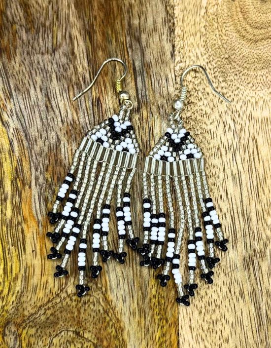 VIVAZS Handmade Beaded Party Silver and Black Fringe Earrings For Women & Girls