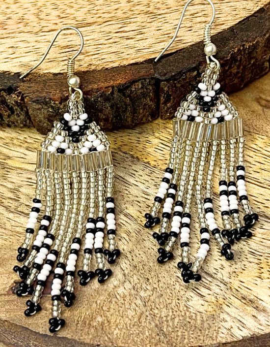 VIVAZS Handmade Beaded Party Silver and Black Fringe Earrings For Women & Girls