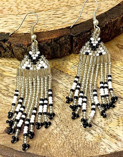 VIVAZS Handmade Beaded Party Silver and Black Fringe Earrings For Women & Girls