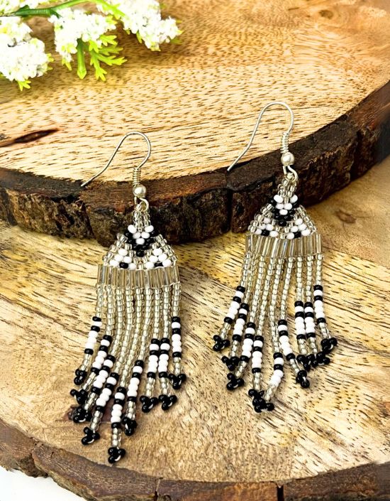 VIVAZS Handmade Beaded Party Silver and Black Fringe Earrings For Women & Girls