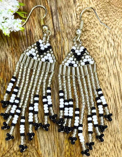 VIVAZS Handmade Beaded Party Silver and Black Fringe Earrings For Women & Girls