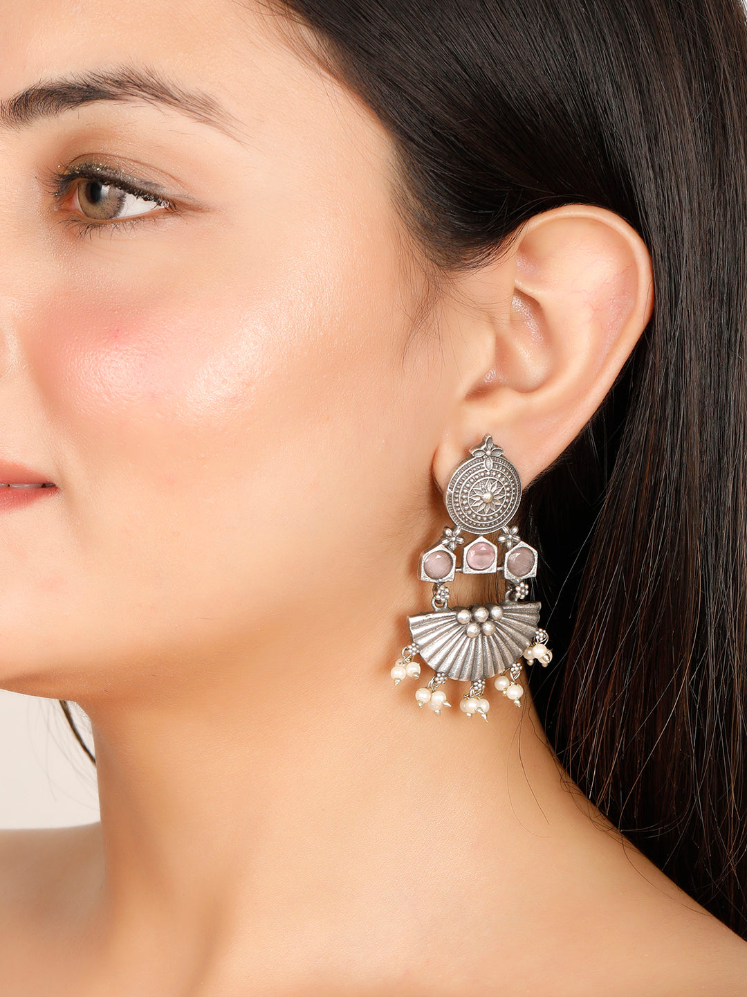 VIVAZS Silver-Plated Stone Studded Oxidised Pink Chandbalis Earrings