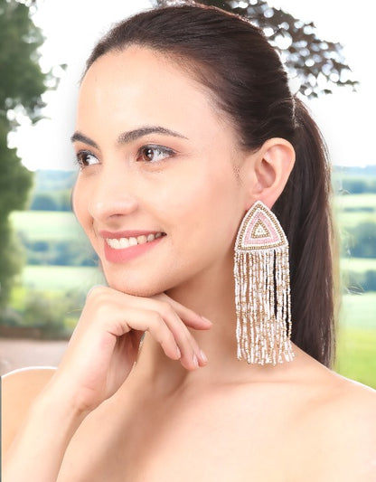 VIVAZS White, Pink and Golden Long Beaded Earrings