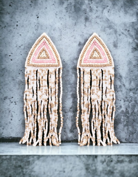 VIVAZS White, Pink and Golden Long Beaded Earrings