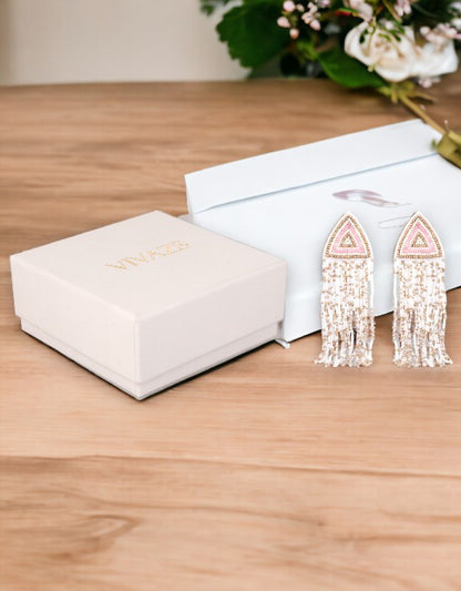 VIVAZS White, Pink and Golden Long Beaded Earrings