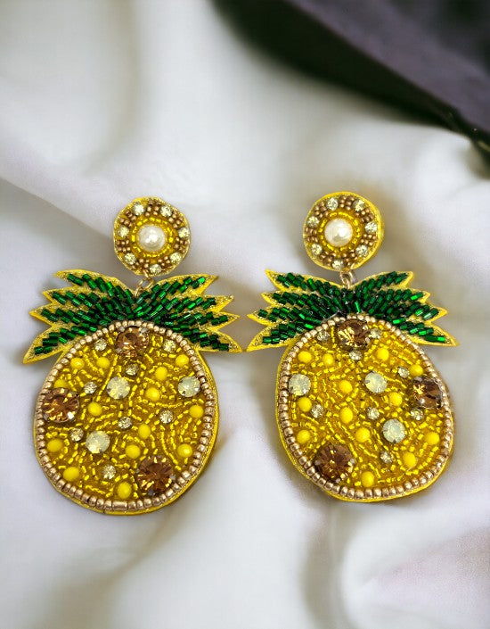 VIVAZS Green & Yellow Handmade Beaded Pineapple Dangler Earrings