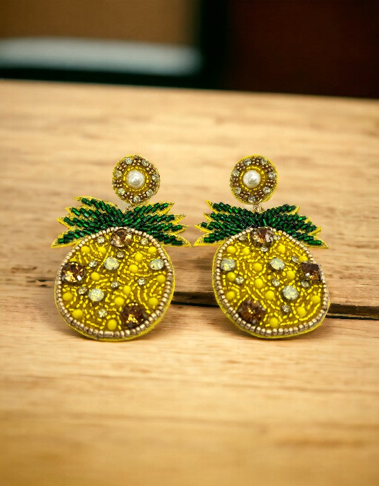 VIVAZS Green & Yellow Handmade Beaded Pineapple Dangler Earrings