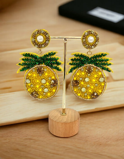 VIVAZS Green & Yellow Handmade Beaded Pineapple Dangler Earrings