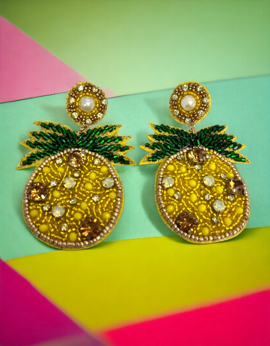 VIVAZS Green & Yellow Handmade Beaded Pineapple Dangler Earrings