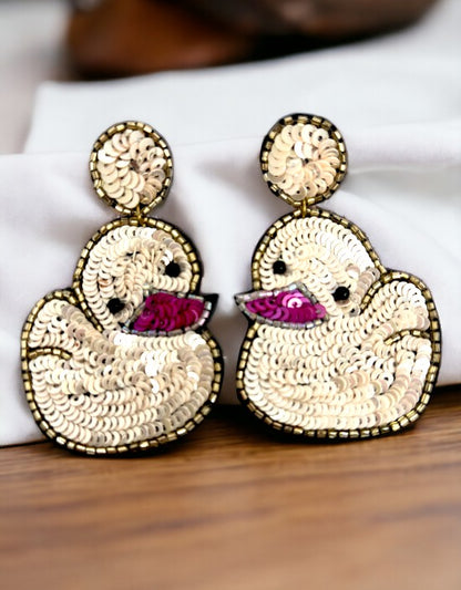 VIVAZS Quirky Handmade Beaded Bird Earrings For Women & Girls ( Cream)