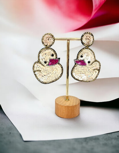 VIVAZS Quirky Handmade Beaded Bird Earrings For Women & Girls ( Cream)