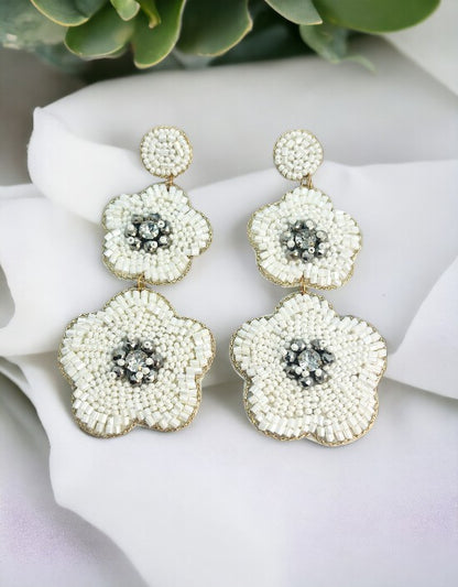 VIVAZS White Handmade Beaded Floral Earrings