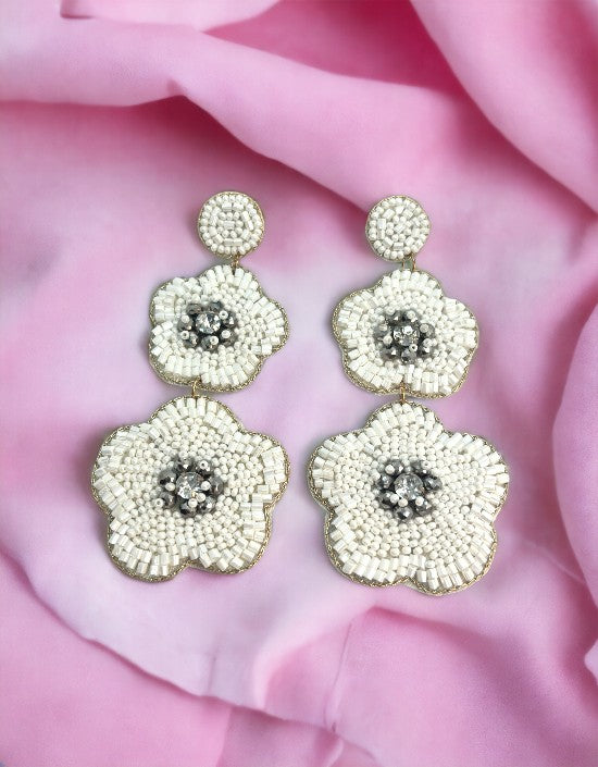 VIVAZS White Handmade Beaded Floral Earrings