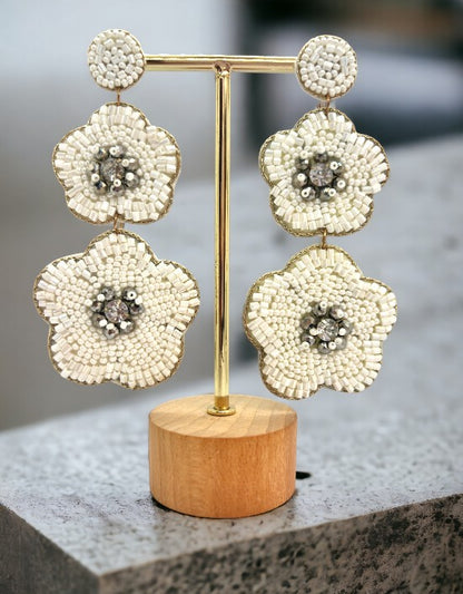 VIVAZS White Handmade Beaded Floral Earrings