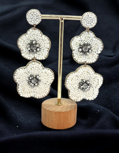 VIVAZS White Handmade Beaded Floral Earrings