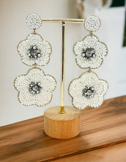 VIVAZS White Handmade Beaded Floral Earrings