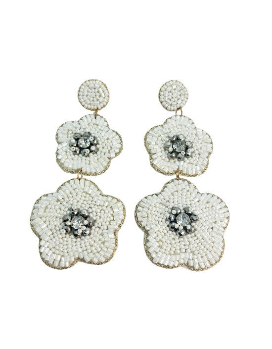 VIVAZS White Handmade Beaded Floral Earrings