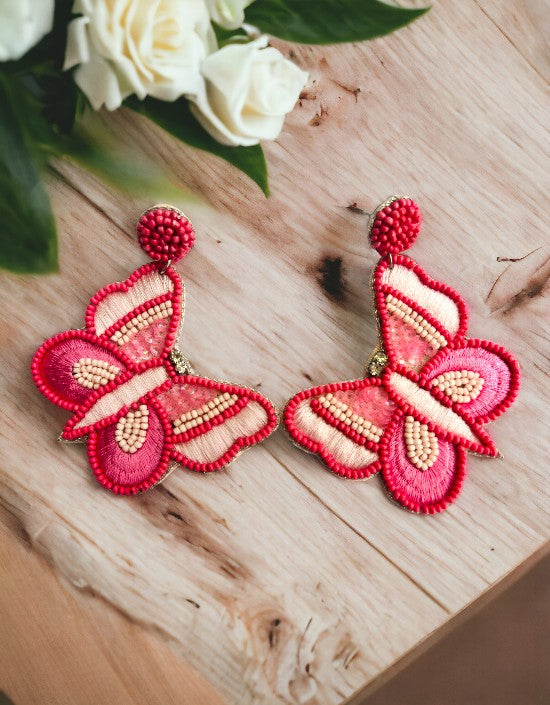 VIVAZS Beautiful Pink color Beaded Butterfly Earrings