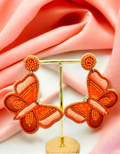 VIVAZS Beautiful Orange color Beaded Butterfly Earrings