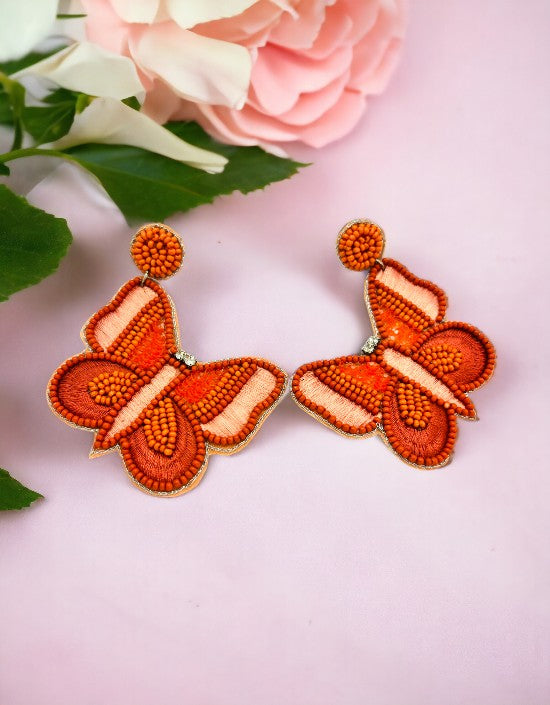 VIVAZS Beautiful Orange color Beaded Butterfly Earrings