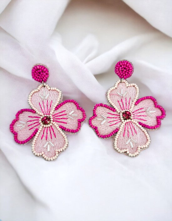 VIVAZS Pink Flower Handmade Danglers Earrings