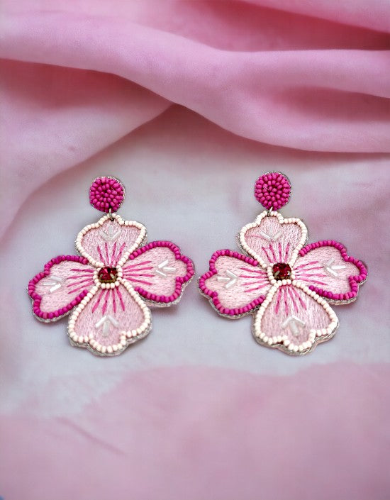 VIVAZS Pink Flower Handmade Danglers Earrings